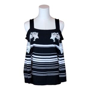 INC Cold Shoulder Striped Knit Top L Black White Lace Appliqué Chic Trendy
